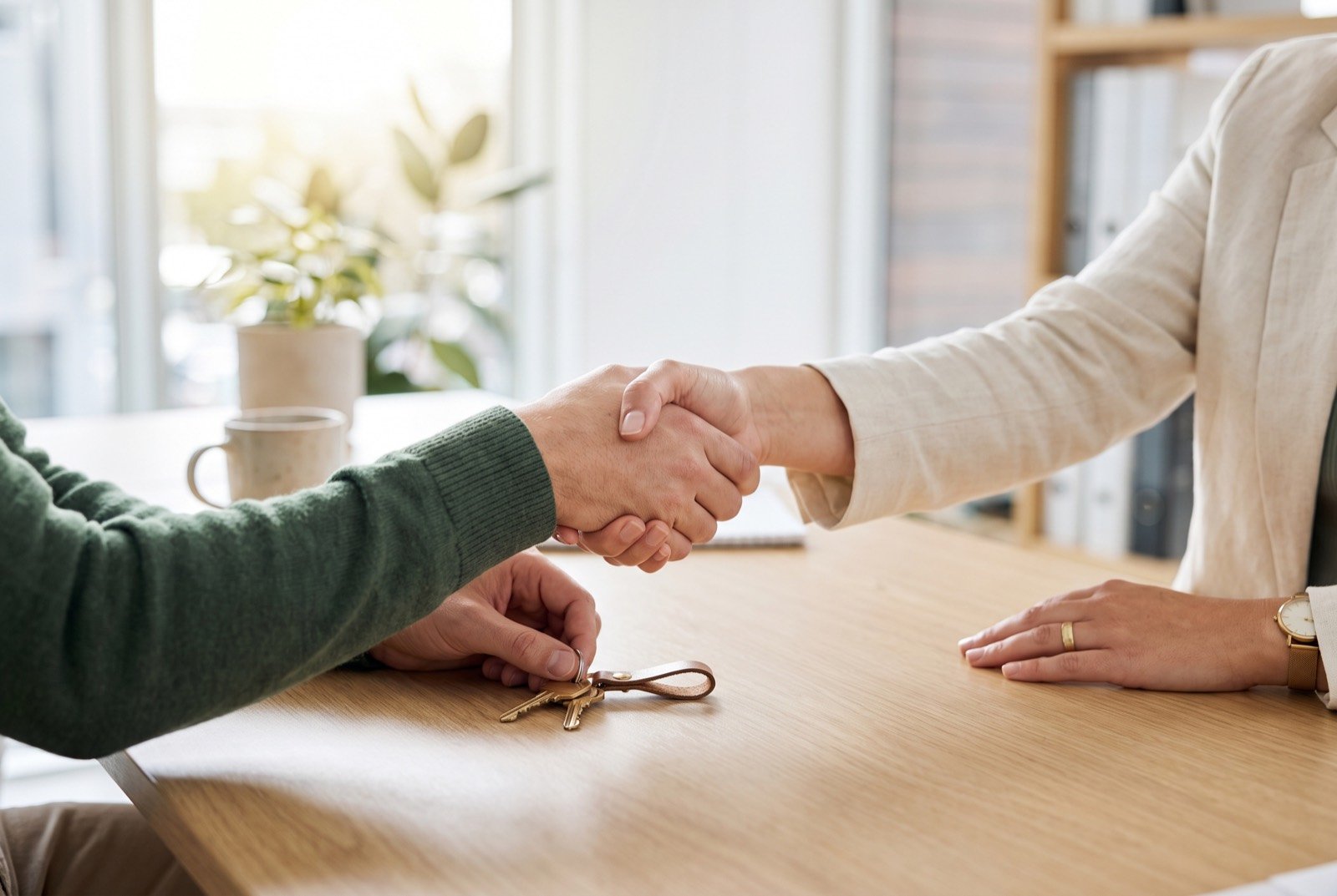 Dos personas se dan la mano sobre una mesa de madera, con unas llaves sobre la mesa