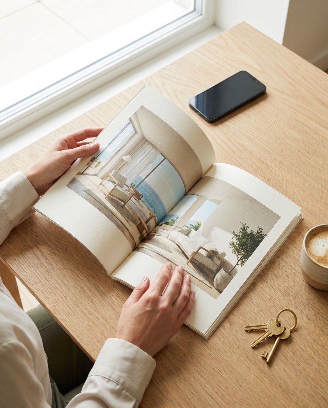 Manos hojeando un dosier impreso con fotos de un apartamento, sobre una mesa con unas llaves, un café y un móvil