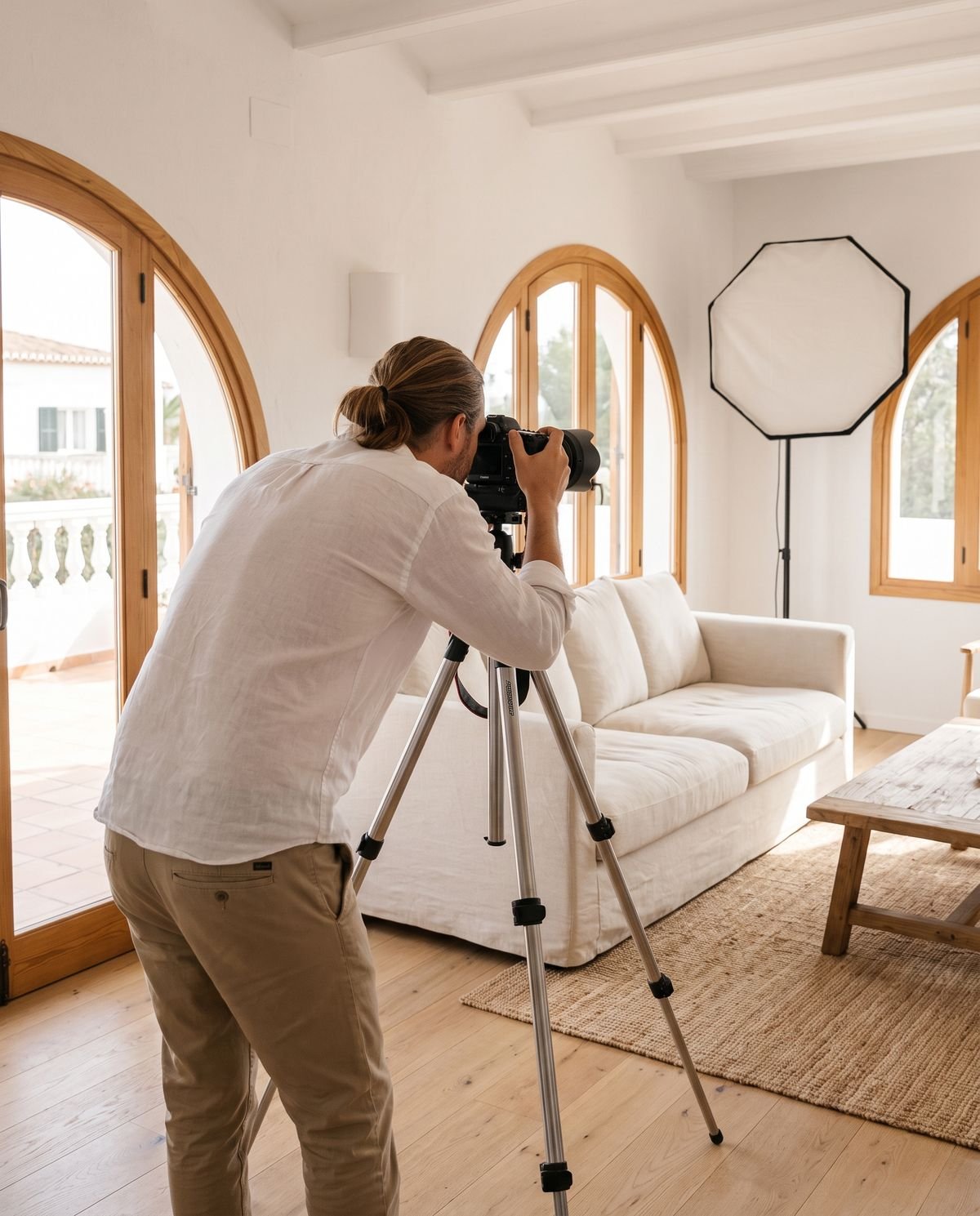 Fotógrafo profesional en la sesión de fotos de un apartamento